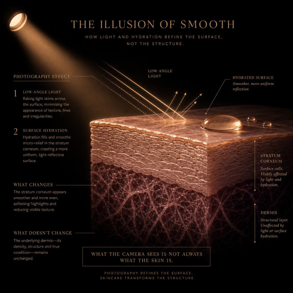 Diagram showing camera lighting and surface hydration affecting only the top skin layer.