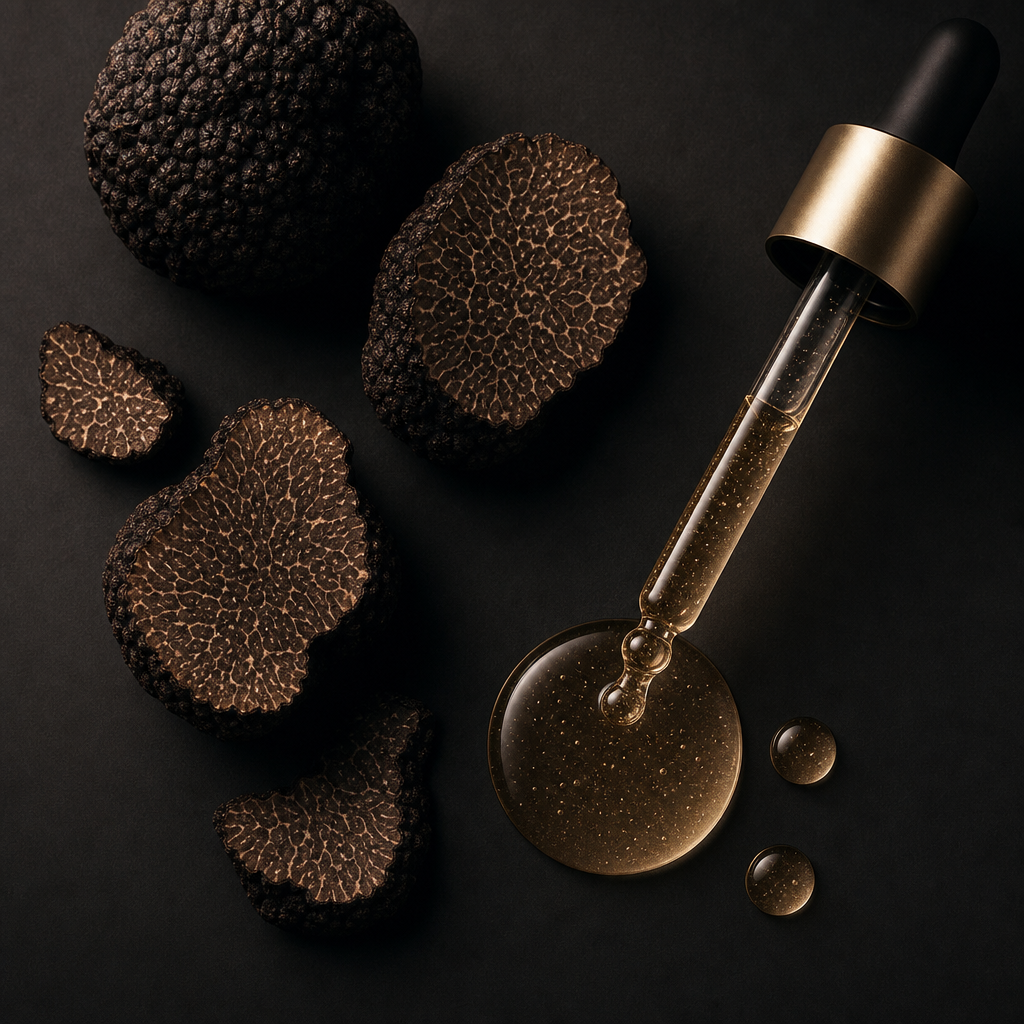 Fresh black truffles next to a bottle of truffle serum