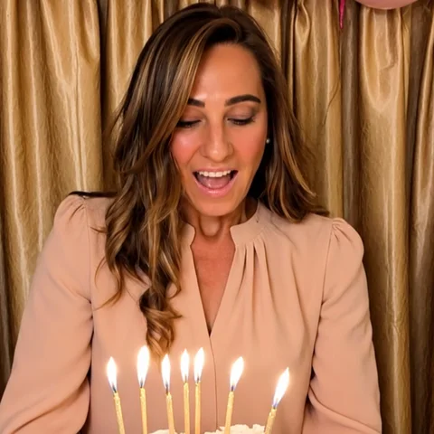 Sabina smiling over her birthday cake, candles lit